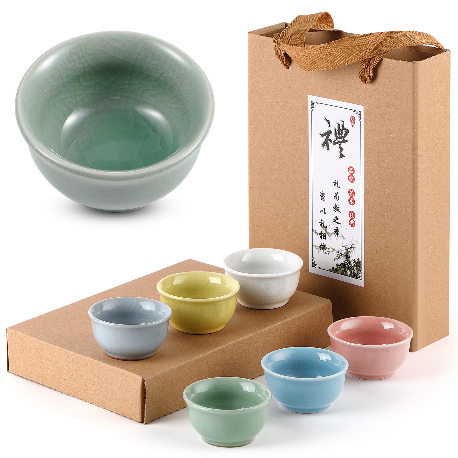 Skyley 6 Pieces Korean Soju Shot Glasses Sets Porcelain Cups Korean Ceramic Cups Tea Accessories Drinkware, Handcrafted Ceramic(Morandi,Classic Pattern)