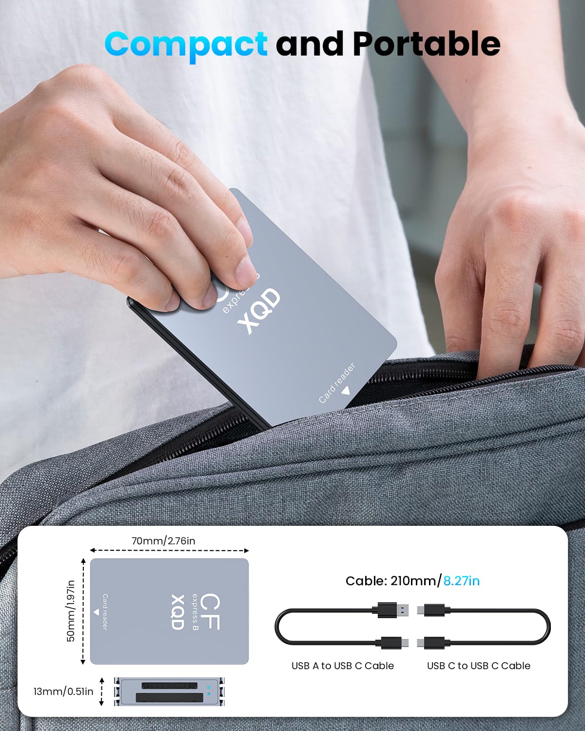CFexpress Type B & XQD & SD Kartenleser USB-C & USB-A, 10 Gbit/s USB 3.2 Gen2 [Aluminiumgehäuse & Robustes Kabel] CFexpress Type B/XQD/SD Speicherkartenleser Adapter für Windows/Mac/Linux/Android