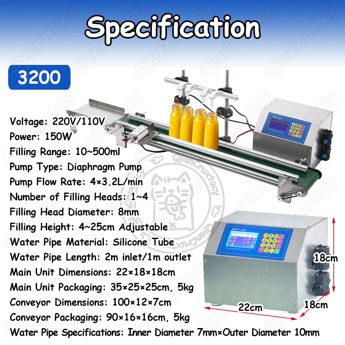 Máquina Embotelladora Automática de Líquidos, 4 Cabezales de Llenado con Cinta Transportadora, para Uso en Industrias de Bebidas, Vinos, Detergentes y Productos Cosméticos 320