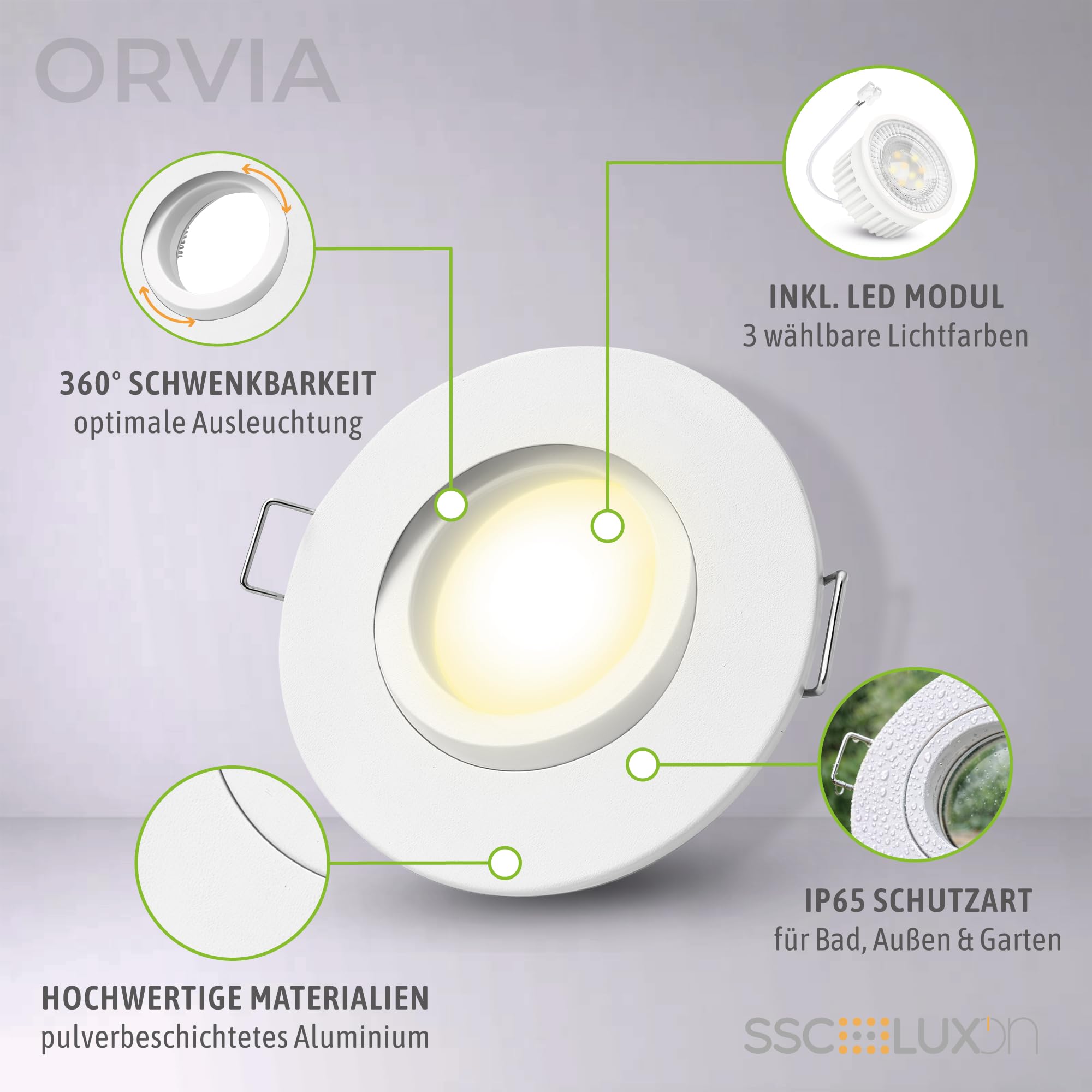 SSC-LUXon ORVIA Einbauspot 6er Set weiß schwenkbar IP65 GU10 3 Lichtfarben | Sechs Deckenspots IP65 weiß - 360° schwenkbar, warm / neutral / kalt, dimmbar, für Bad & Küche, inkl. GU10 LED