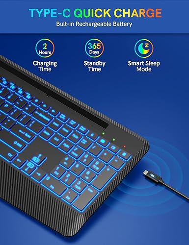Miniatura 4 de Teclado inalámbrico con retroiluminación de 7 colores, reposamuñecas, soporte para teléfono, teclado ergonómico recargable con teclas silenciosas,