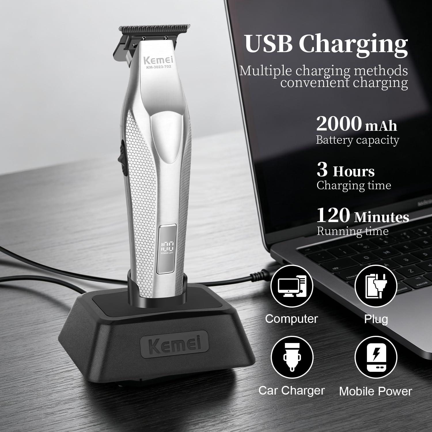 KEMEI KM-3023-702 Tondeuse à cheveux professionnelle pour homme, tondeuse à barbe sans fil sans fil, tondeuse de barbier rechargeable par USB, coupe-bordures, tondeuse à décoloration, cadeau pour