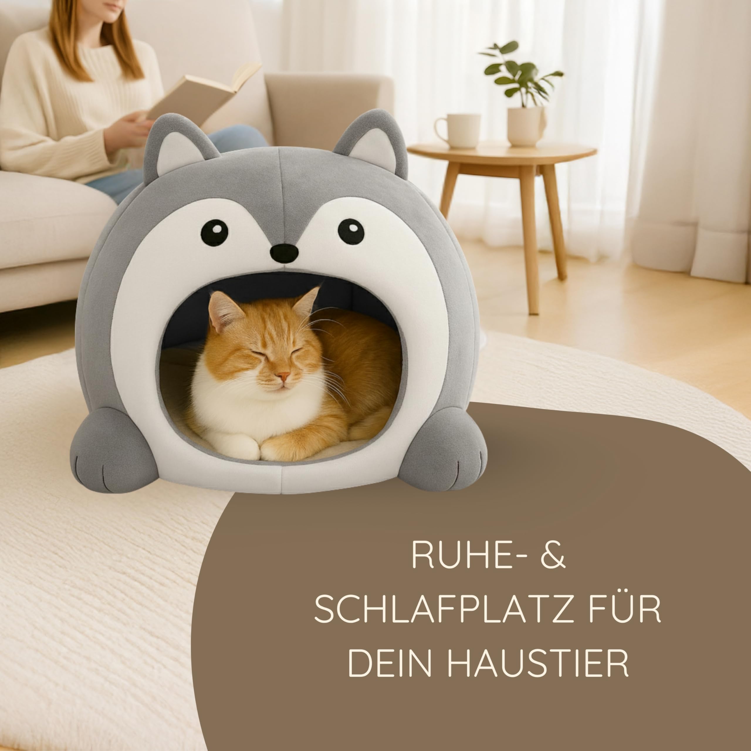 Designer Katzenhöhle grau – Lustige Schlafhöhle & Katzenhaus mit Kissen, Katzenbett, Faltbarer Rückzugsort für Katzen, Kitten und Kater, kuschelig & formstabil