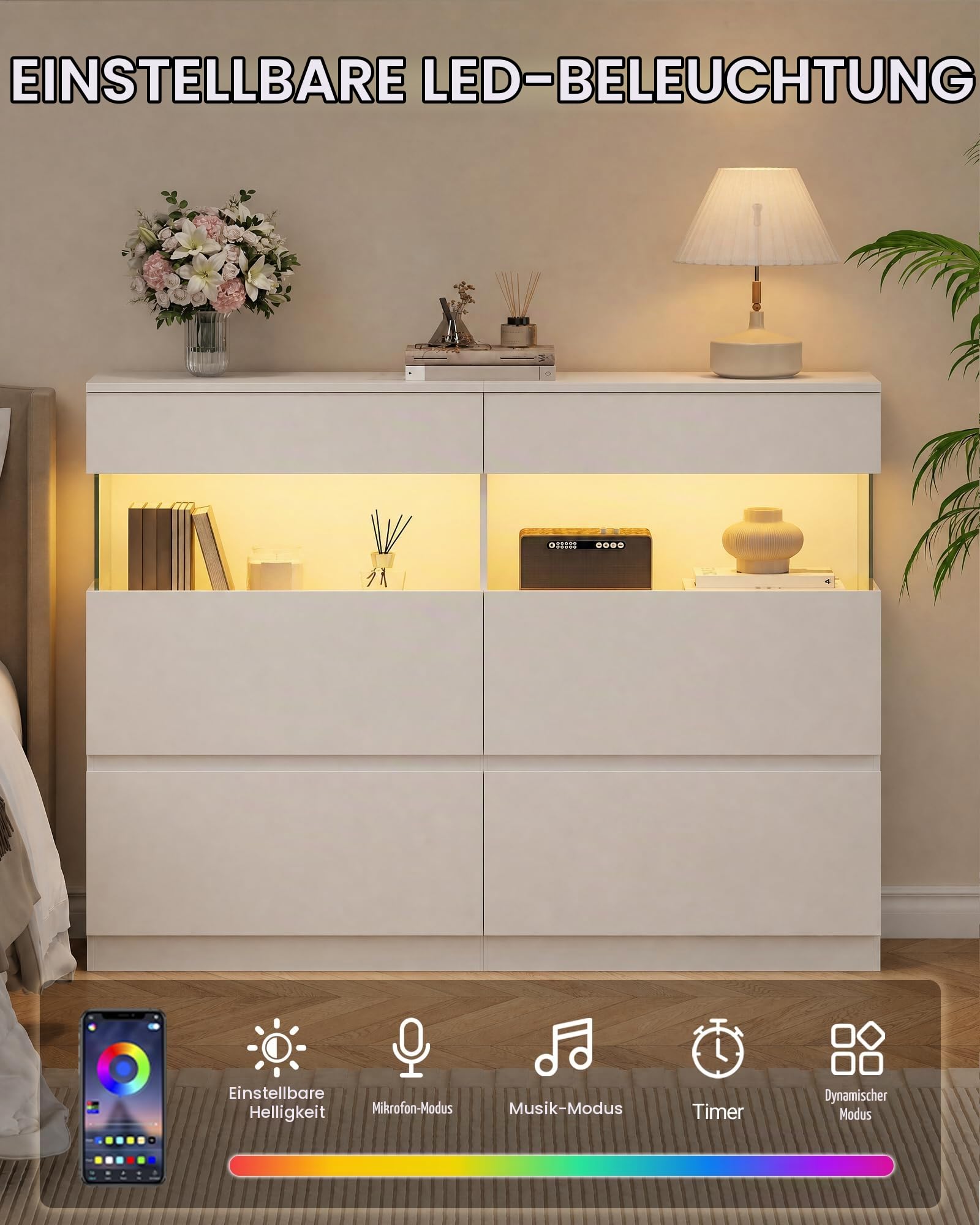 Hzuaneri 140cm Kommode mit LED-Beleuchtung und 2 Glas-Vitrinenelementen
