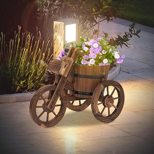 Miniatura 8 de Maceta de jardín con 3 ruedas para carrito de madera, para decoración al aire libre, para patio, césped, patio trasero