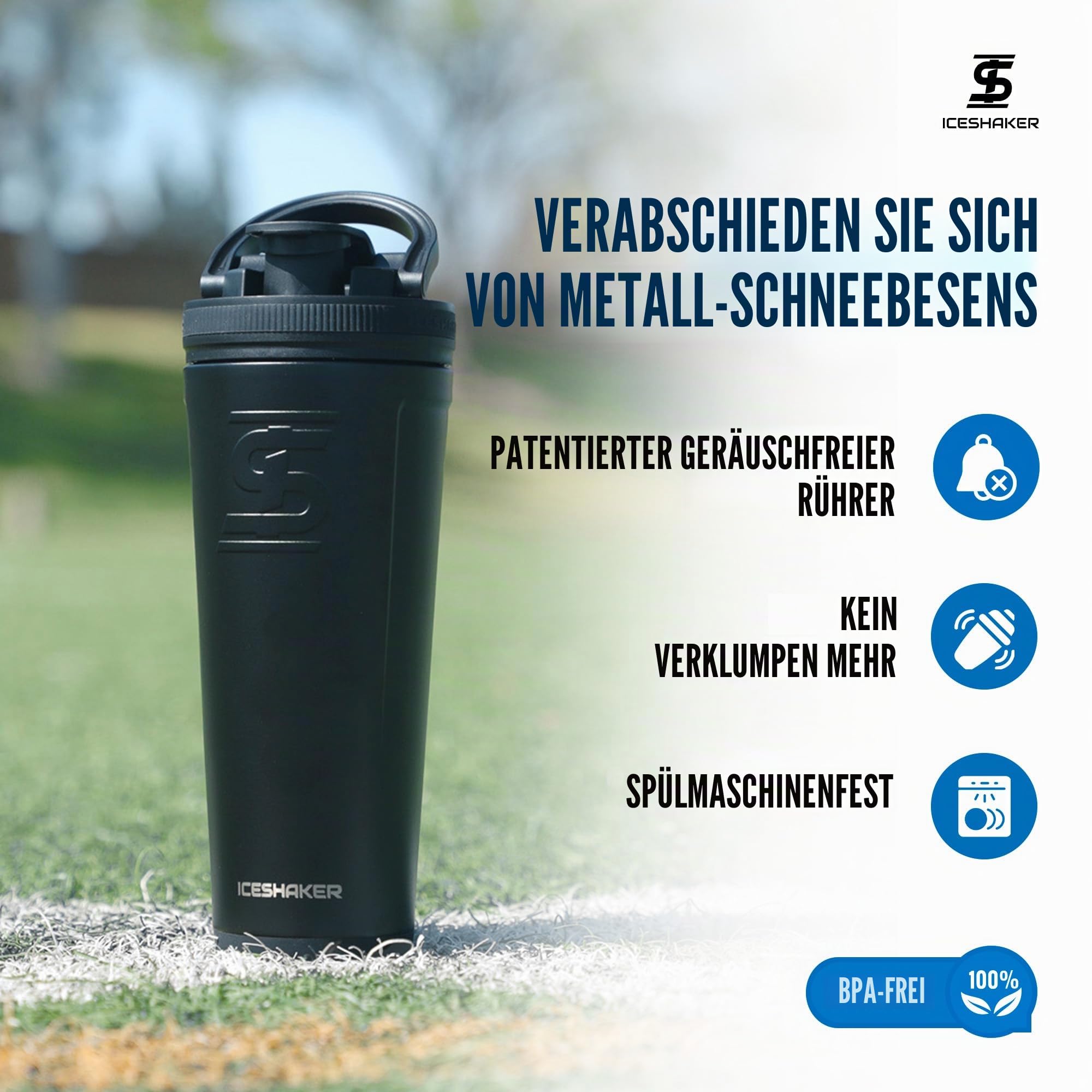 Ice Shaker Edelstahl Isolierte Wasserflasche Protein Mischbecher - Hält Eis für 30 + Stunden, wie auf Shark Tank Â € | 26oz Black - Schwarz Bands