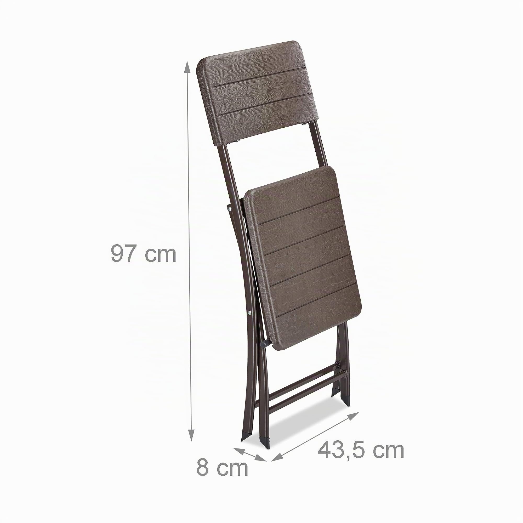 Relaxdays Set di 2 Sedie da Giardino, Effetto Legno, Resistenti, in Plastica, Struttura in Metallo, Pieghevoli, Marrone
