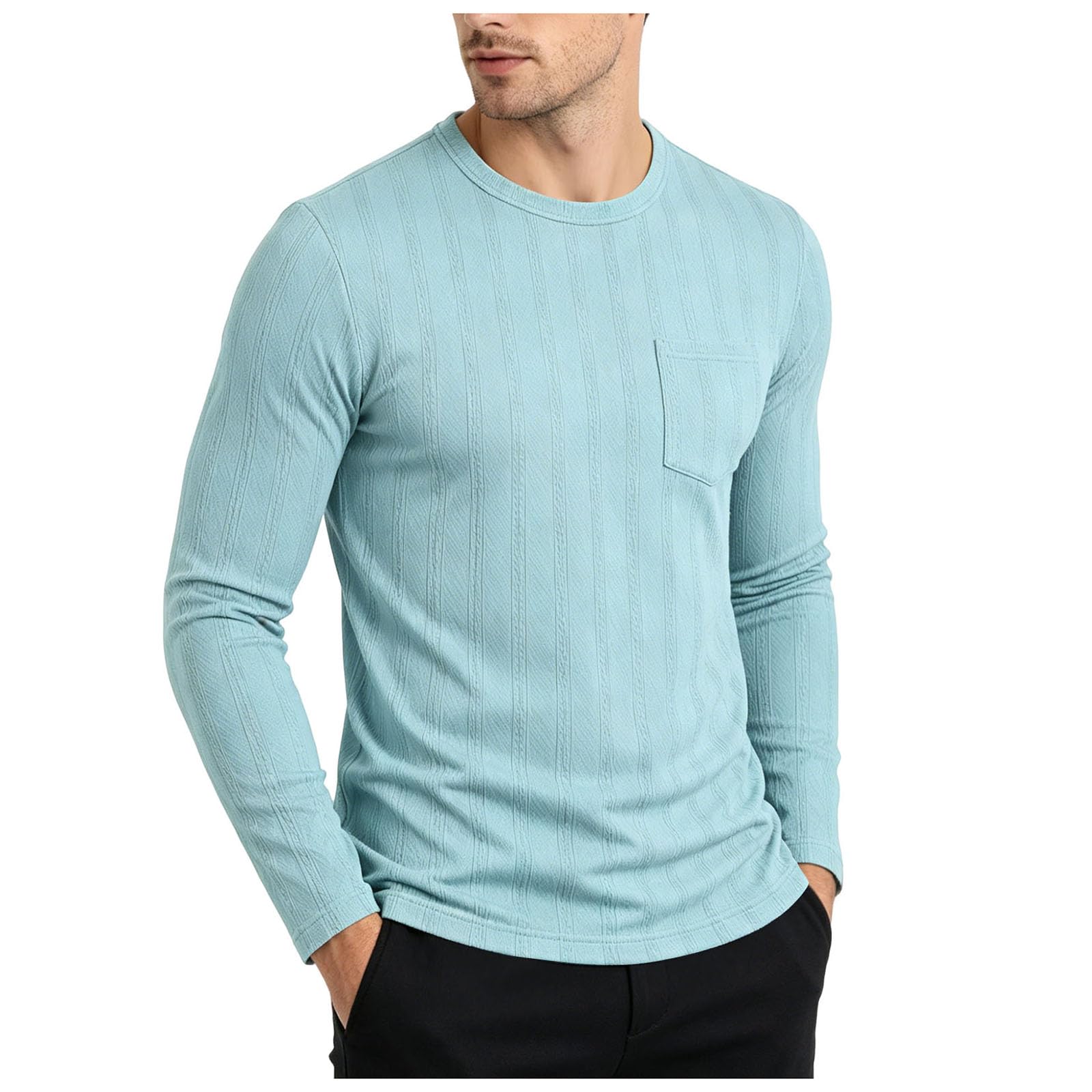T-Shirt Homme Manches Longues col Rond avec Poche plaquée, Coton côtelé texturé de qualité, Coupe régulière ajustée et Respirante, idéal pour Un Usage Quotidien