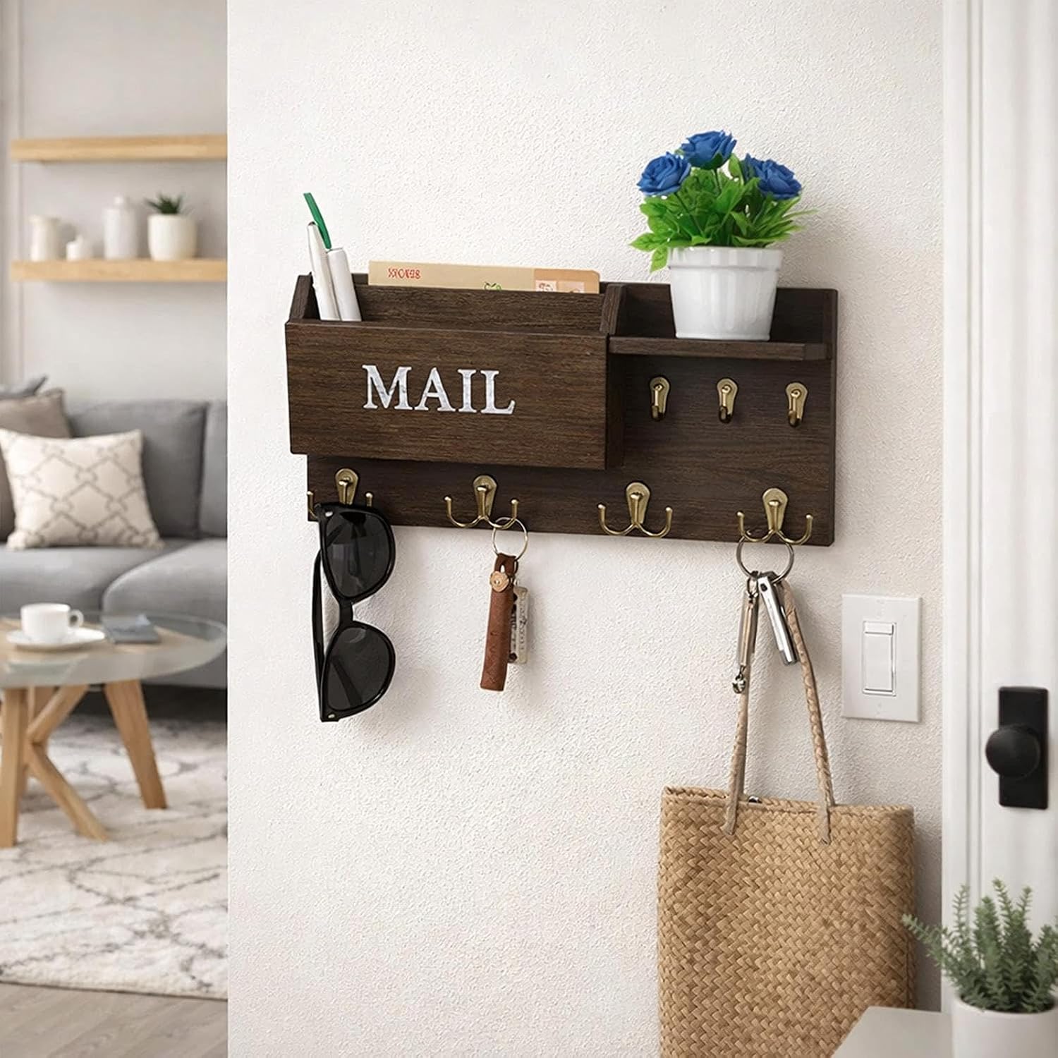Key Holder Wall Mounted, Wall Storage Rack, Rustic Multipurpose Key and Mail Holder for Hallway Dorm, Brown