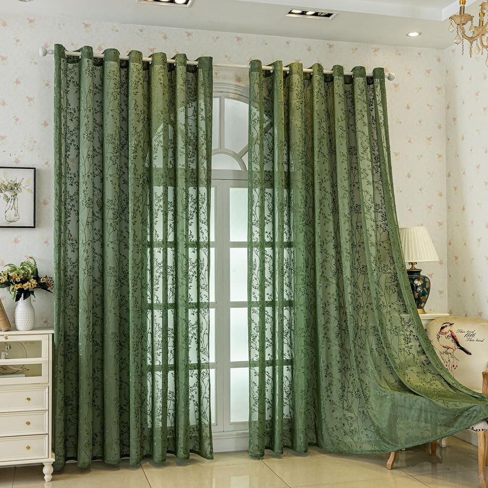 Amidoudou 1 Pair Exquisite Plant Embroidery Sheer Curtains Hollowed Carved Window Screening for Living Room Bedroom (Dark Green,52" W x 95" L (Pack of 2))