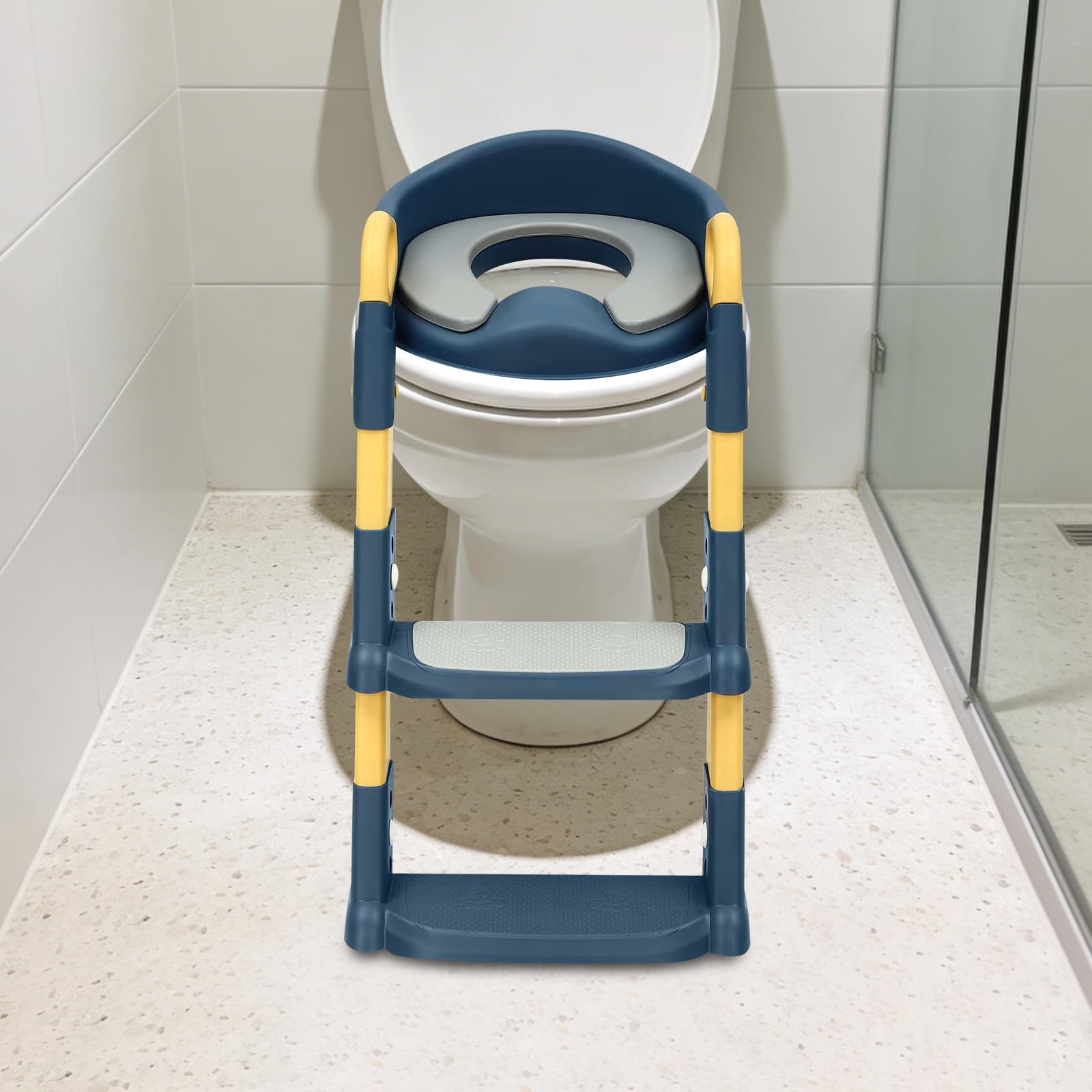 Toilet Trainer with Stairs, Blue, 2-7 Years, PU Padded Toilet Attachment, Non-Slip Potty Trainer, Height-Adjustable Children's Toilet with Splash Guard and Backrest, Secure Toilet Seat Polypropylene