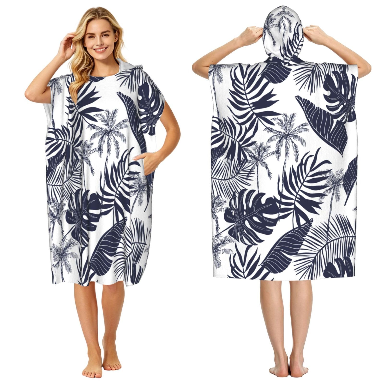 Poadnly Tropical Palm Trees Leaves Silhouette Hawaiian, Adult Hooded Beach Towel 90 x 110 cm,Changing Bath Robe, Surf Poncho Towel For Women Men