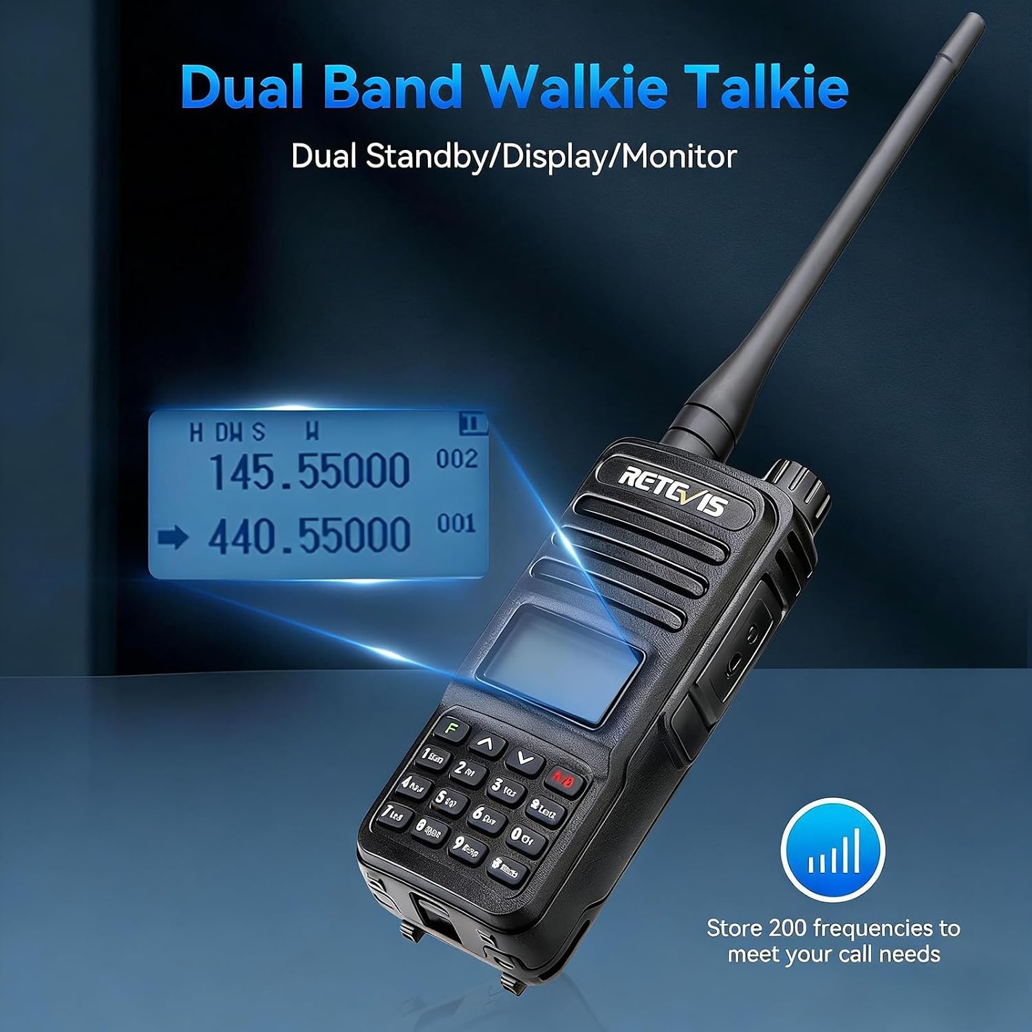 Retevis RT85 Walkie Talkie with a high-gain antenna, illustrating enhanced signal range.