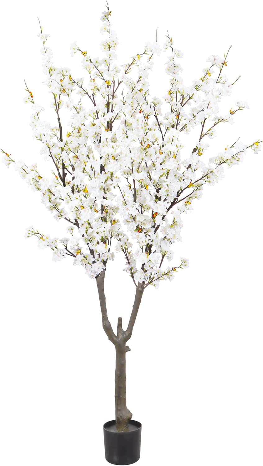 Faux Cherry Blossom Tree 6 FT Tall Fake Plants, Artificial Cherry Blossom Tree Indoor for Home Office Decor(White Color)