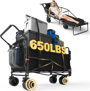 LEVELEVE Heavy Duty Folding Wagon - 2-in-1 Collapsible Cart, 650lb Capacity, All-Terrain Wheels w/Brakes & Side Pockets Black