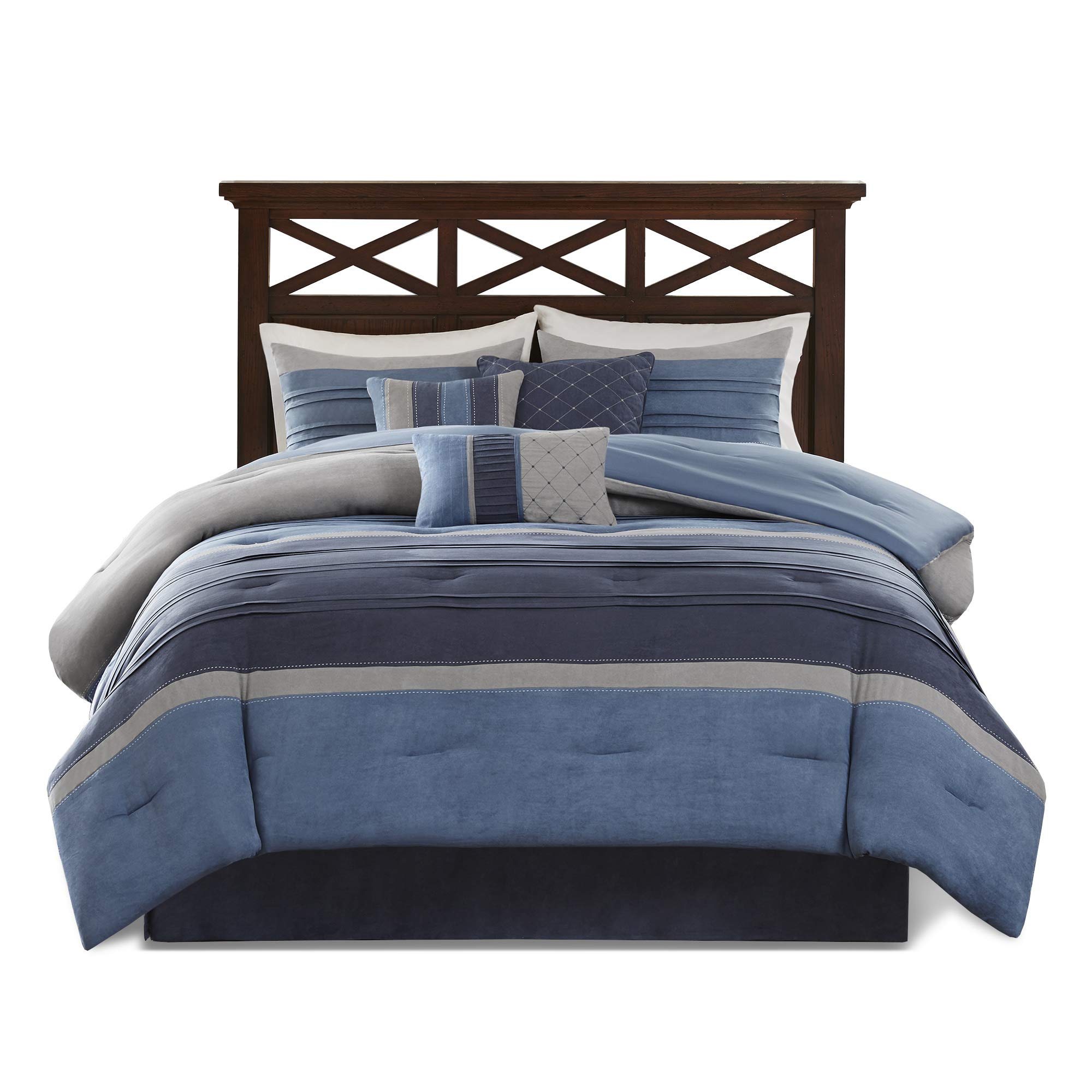 Madison Park Cozy Comforter Set Casual Modern Design All Season, Matching Bed Skirt, Decorative Pillows, Queen (90 in x 90 in), Blue Grey, 7 Piece