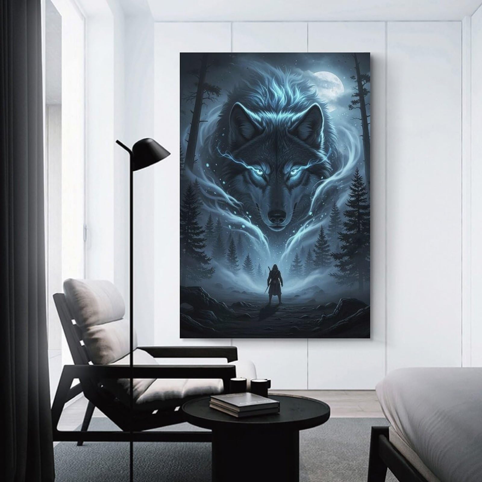 Junmoney Unframe-Style-14 Mystical Wolf And Warrior In Forest Canvas Wall Art 12X18inch(30X45cm), For Workspace Walls, Study Corners Or Bedrooms, Wall Art That Adds Style To Work Areas