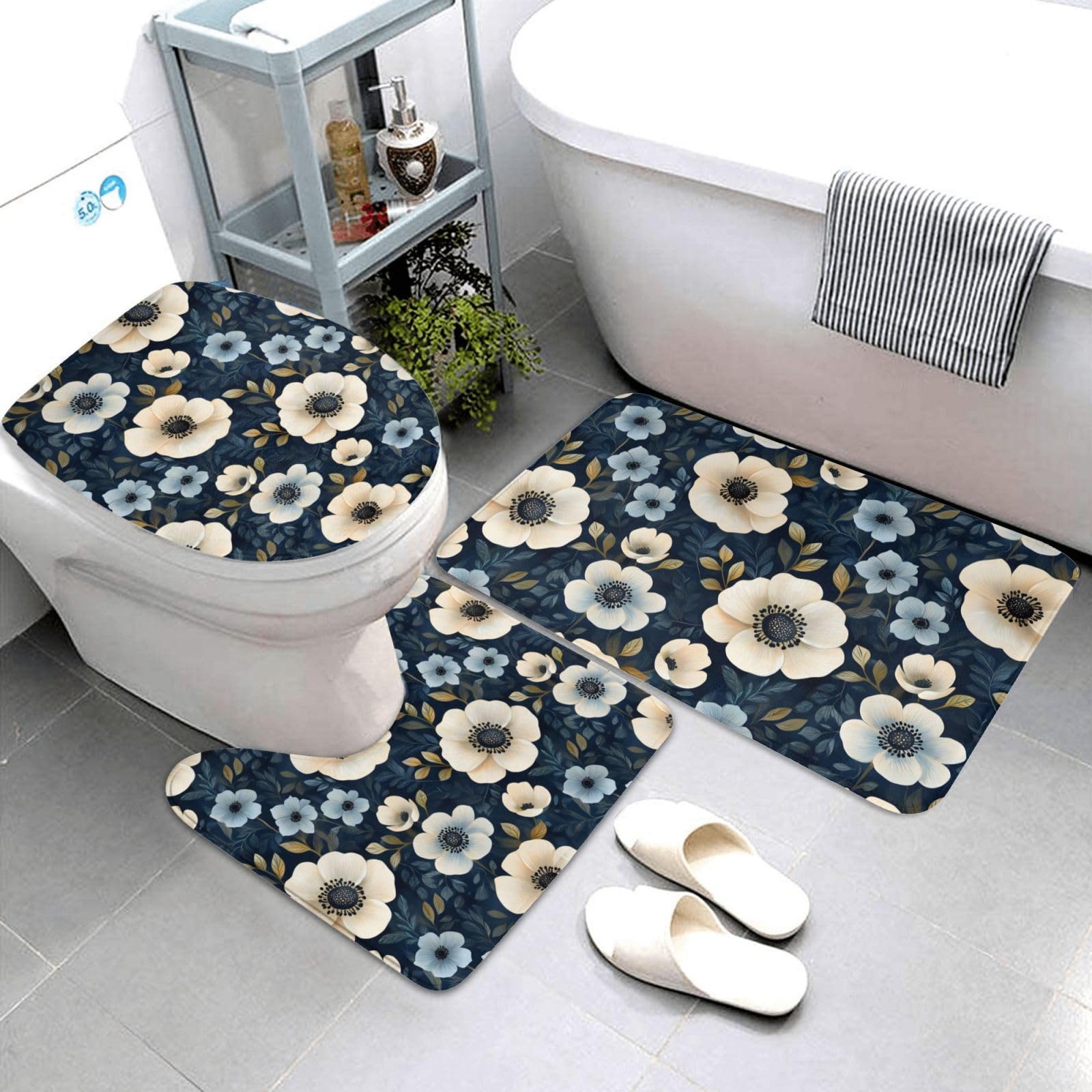 Lot de 3 tapis de salle de bain bleu marine avec contour de toilette fleuri