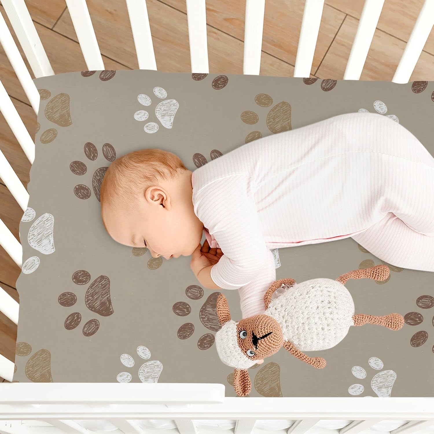 Fitted Crib Sheets Brown Dog Paws Stretchy Portable Playard Sheets for Baby Toddler, Breathable Soft Mini Crib Mattress 39 x 27 in for Boys and Girls