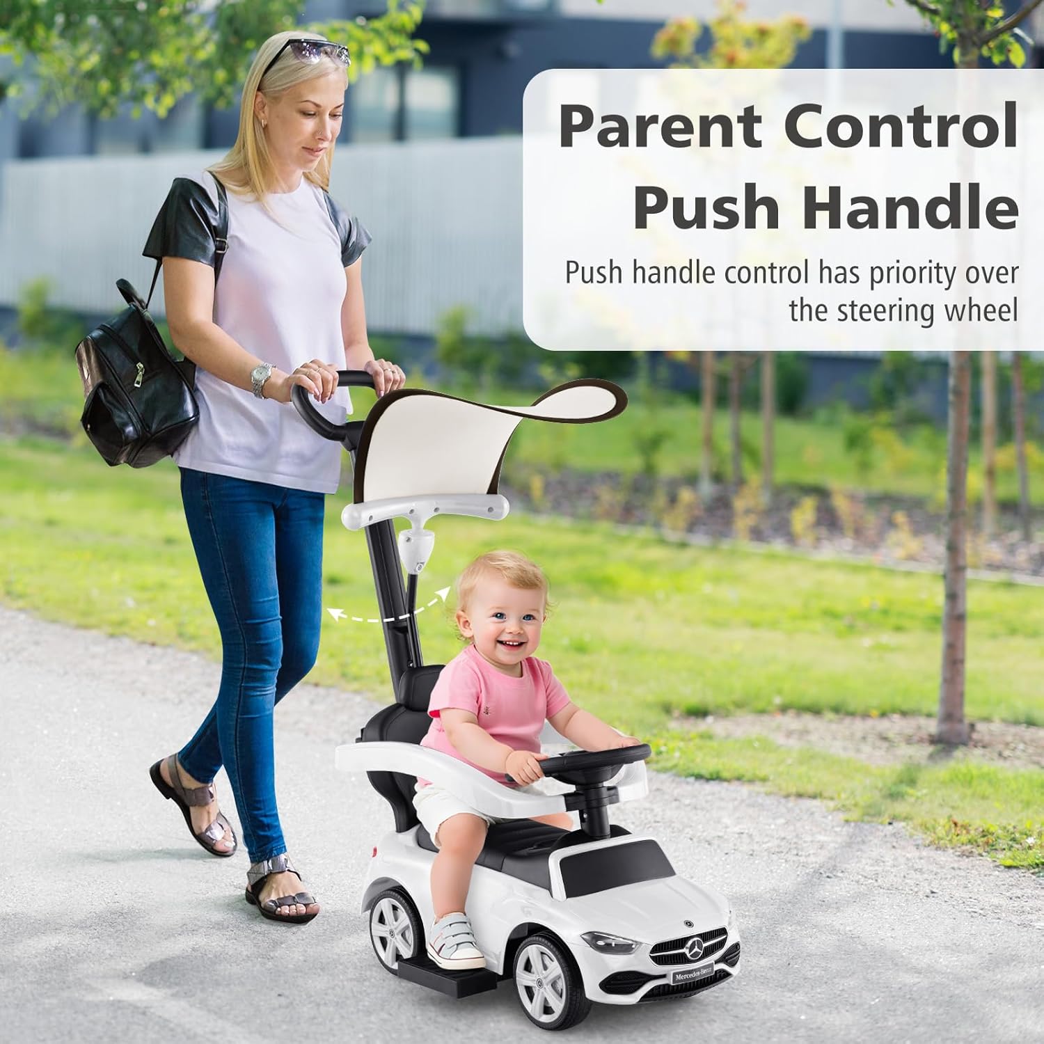 Licensed Mercedes Benz Push Car for Toddlers by INFANS, 3 in 1 Sliding Walking Car with Push Handle, Horn, Music, Underneath Storage, Foot-to-Floor Ride on Toys for Boys Girls, White