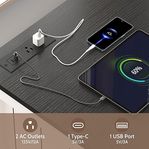 Miniatura 5 de Juego de 2 mesas auxiliares de granja con estación de carga, mesa auxiliar grande de 24 pulgadas con estante abierto y armario de almacenamiento,