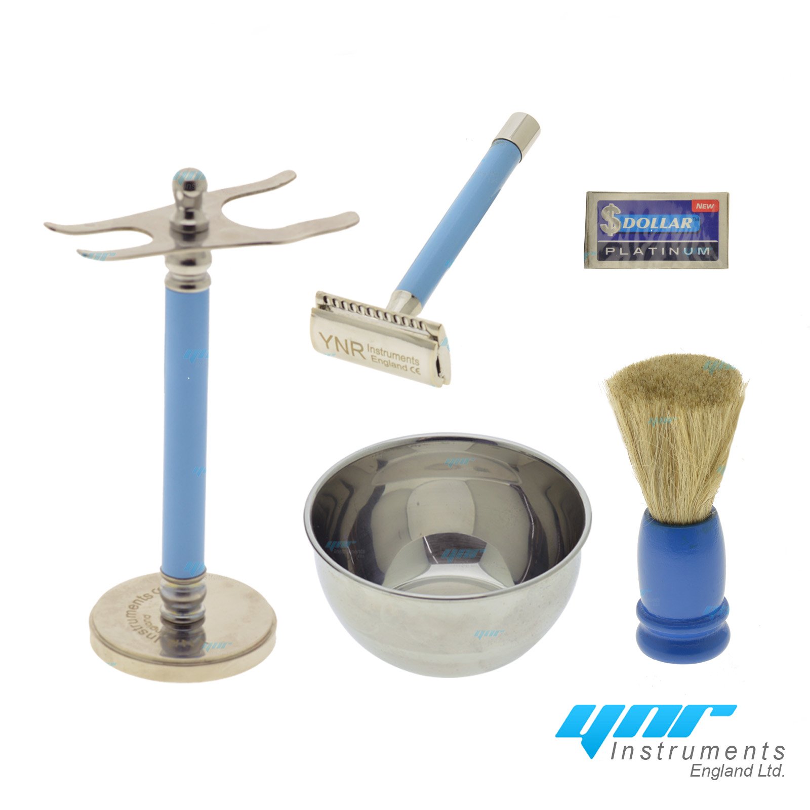 YNR Hombre SET DE AFEITADO, Cuchilla de seguridad doble filo, Brocha de afeitar, SOPORTE DE AFEITADO, acero inoxidable Afeitado Cuenco Taza FUNDA Piel Sintética - Azul Claro