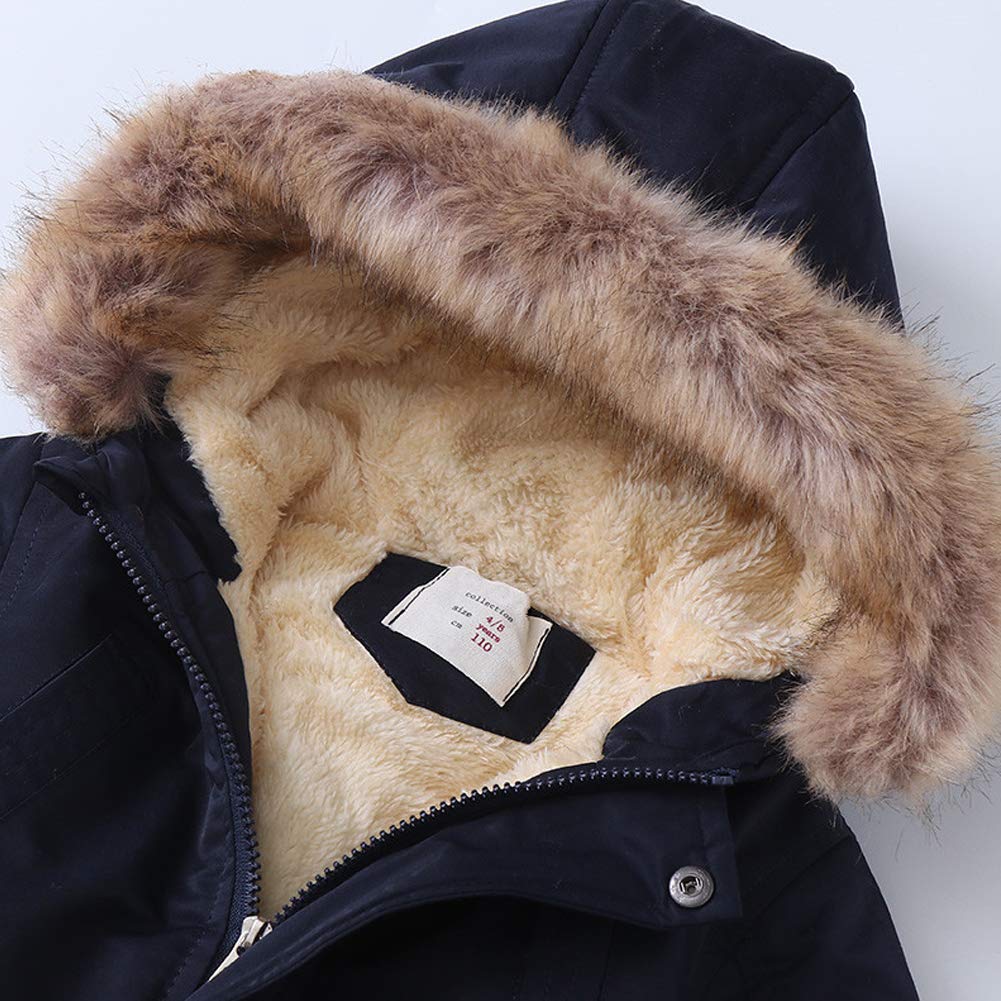 Cazadora Chaqueta de invierno para niños, resistente al viento, con capucha, de forro polar grueso, para exteriores, de algodón, cuello de piel, monocolor, azul marino, 152/158 cm