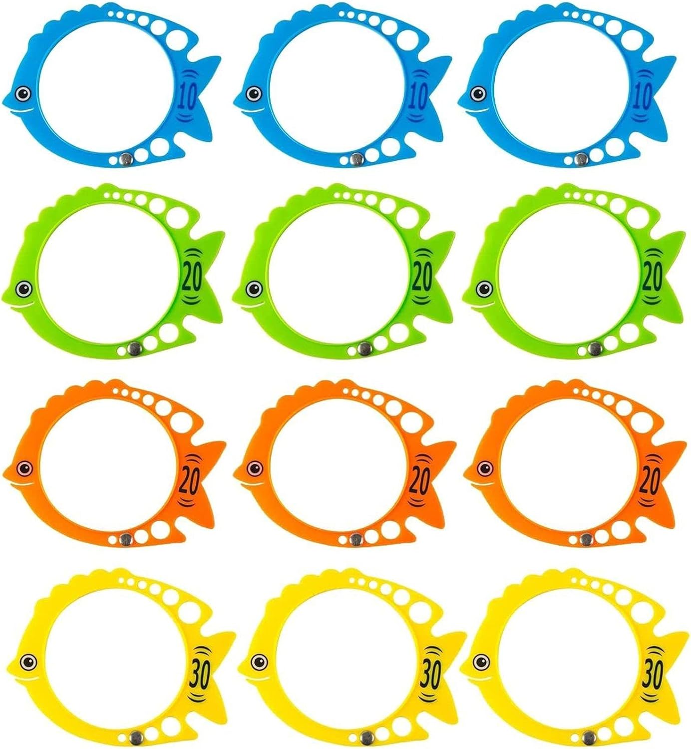 InfiniteCuriosity Fish-Shaped Sinking Pool Rings - 12-Pack Multicolor Dive Hoops for Kids Pool Games, Ring Toss, Swim-Through Challenges & Party Favors (7x6 in)