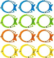 InfiniteCuriosity Fish-Shaped Sinking Pool Rings - 12-Pack Multicolor Dive Hoops for Kids Pool Games, Ring Toss, Swim-Through Challenges & Party Favors (7x6 in)