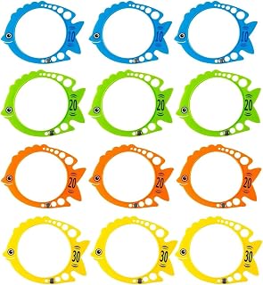 InfiniteCuriosity Fish-Shaped Sinking Pool Rings - 12-Pack Multicolor Dive Hoops for Kids Pool Games, Ring Toss, Swim-Through Challenges & Party Favors (7x6 in)