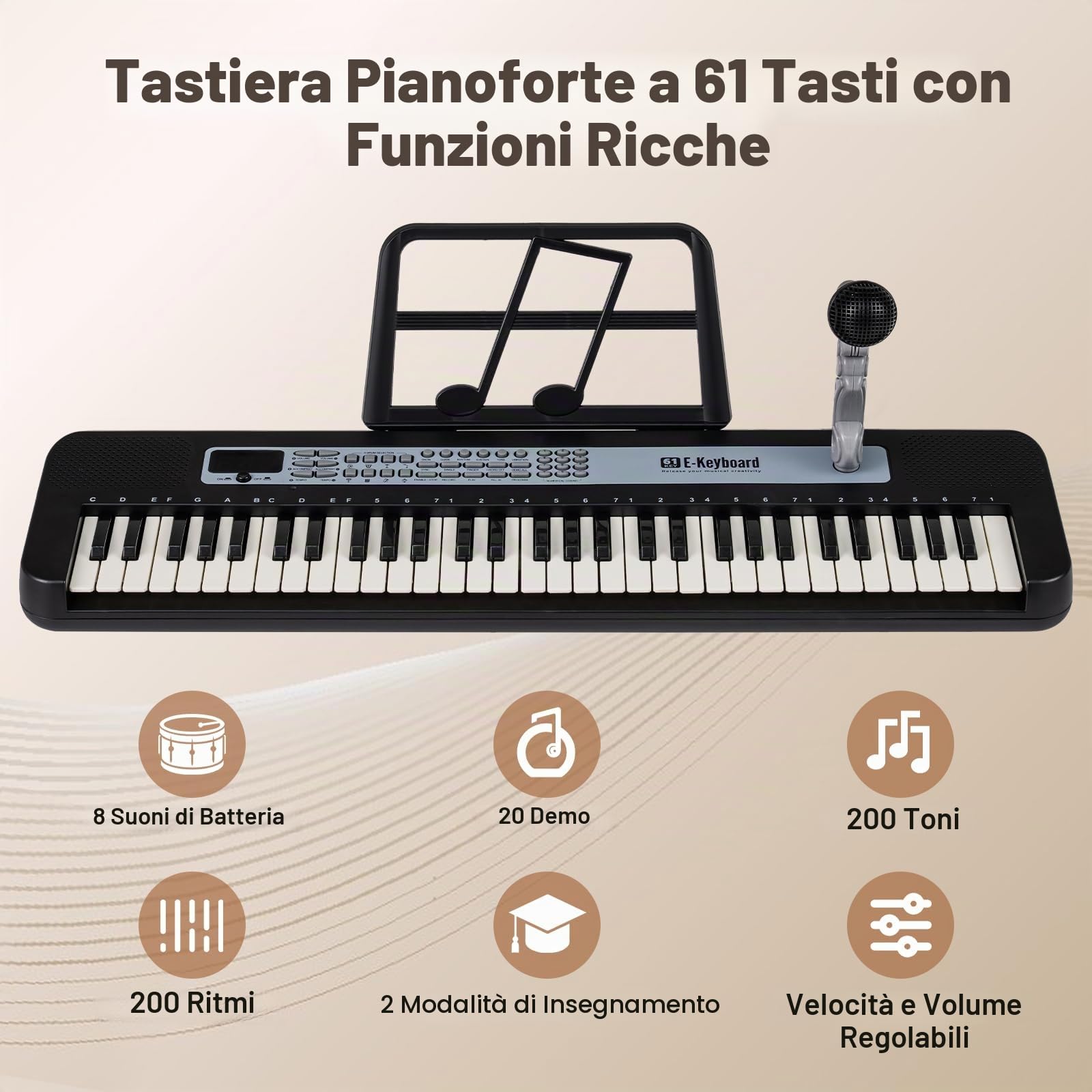 FANTASK Pianoforte digitale a 61 tasti, tastiera per bambini con supporto regolabile, microfono e leggio, pianoforte elettronico per bambini con suoni, demo e ritmi, per bambini dai 3 anni in su, nero
