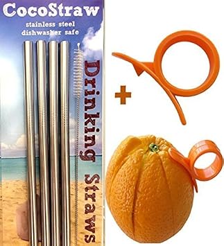 4 Stainless Steel Wide Smoothie Straws + Cleaning Brush + Citrus Peeler - CocoStraw Large Straight Frozen Drink Straw