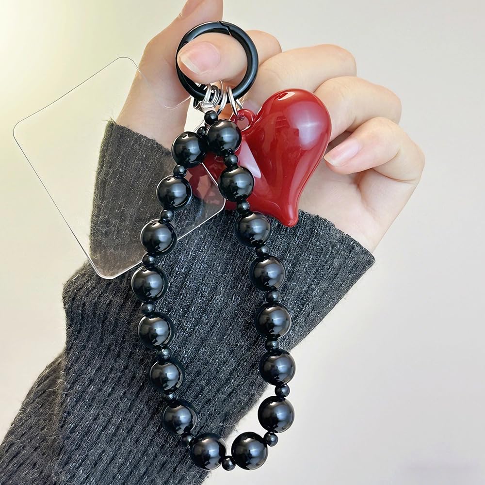 Red Heart Phone Charm Strap Black Beaded Phone Lanyard Cute Bag Charms for Handbags Cellphone Chain Wristlet Heart Bag Charm Purse Keychain for Women Cellphone Keychain Beaded Camera Wrist Strap — view 8