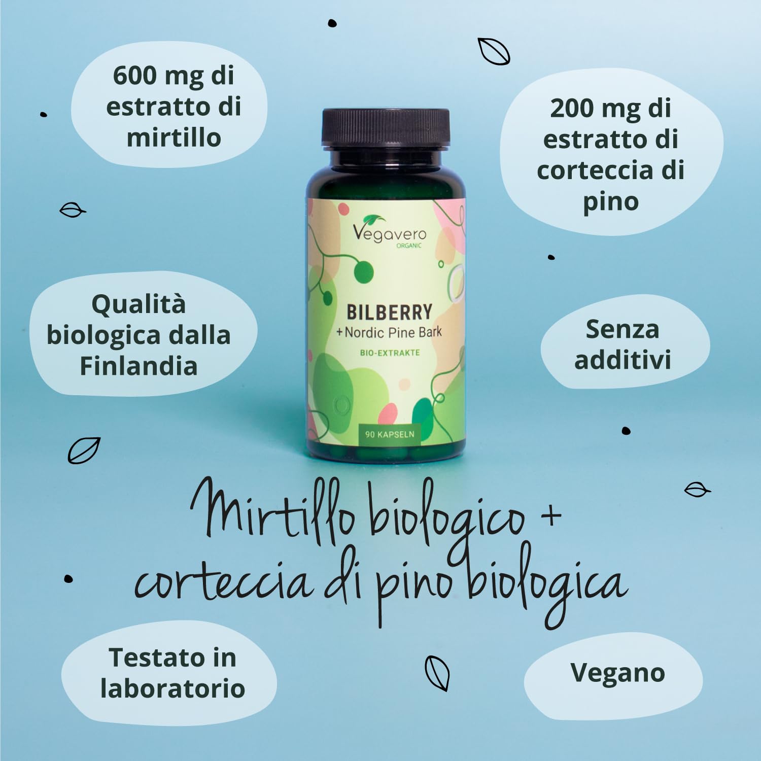 MIRTILLO NERO BIO Vegavero® | L’UNICO BIOLOGICO | con Corteccia di Pino | Benessere del MICROCIRCOLO e della VISTA | 90 capsule | Bilberry | Vegan