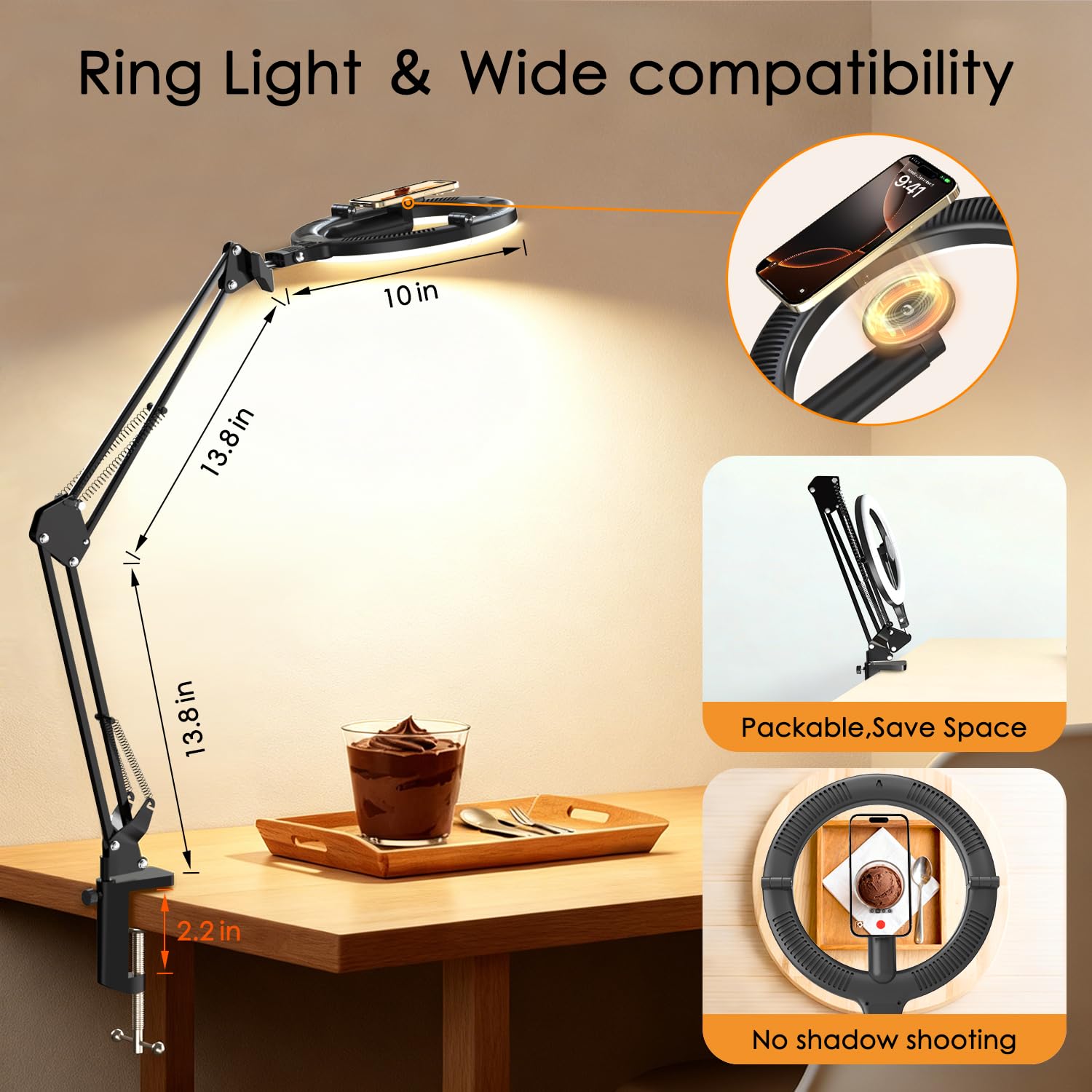 Lámpara de anillo magnética con soporte para teléfono para montaje de cámara de escritorio, trípode de mesa articulado flexible de 5000mAh, soporte para iPhone para grabación de video de cocina y uñas