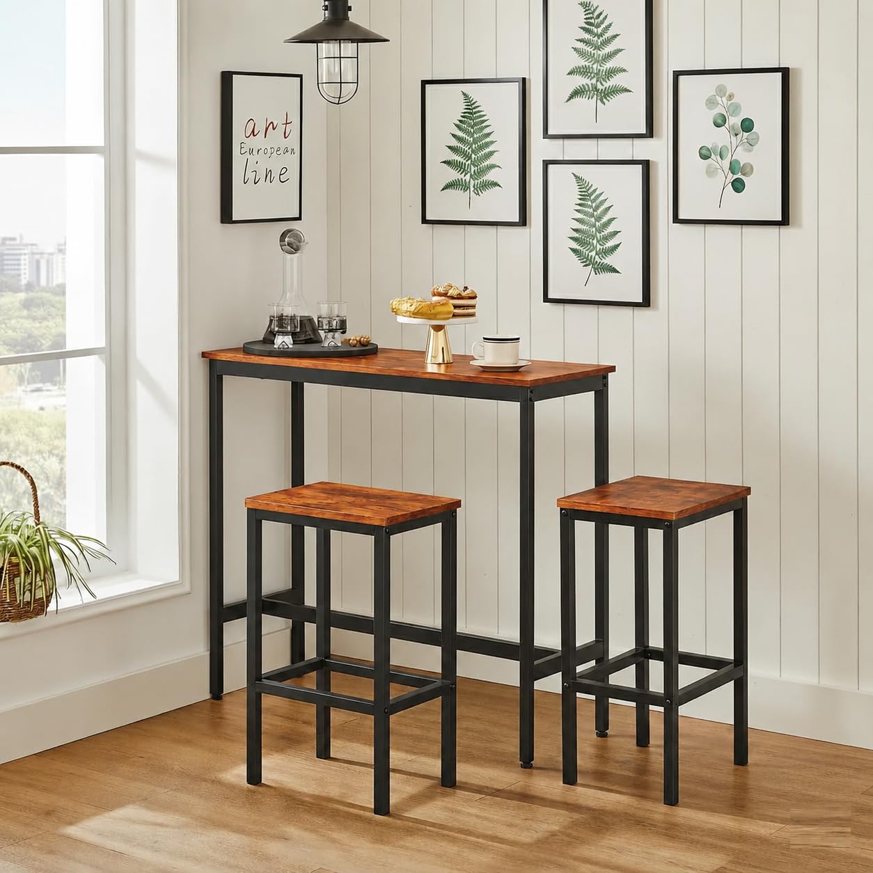Bar Table Set with 2 Stools – Wooden Top & Metal Frame Kitchen Breakfast Table-image-47