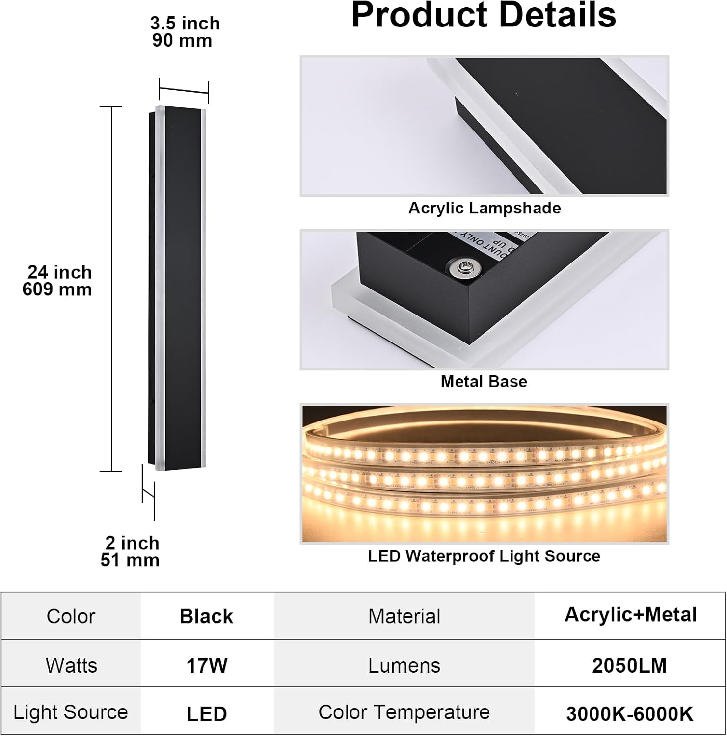 Yaohong 2 Pack 24 inch Long Outdoor LED Wall Lights, Modern Black 3000K-6000K Dimmable Exterior Lighting Fixtures, IP65 Waterproof Outdoor House Lights Wall Mount Outside Wall Lights for House Garage