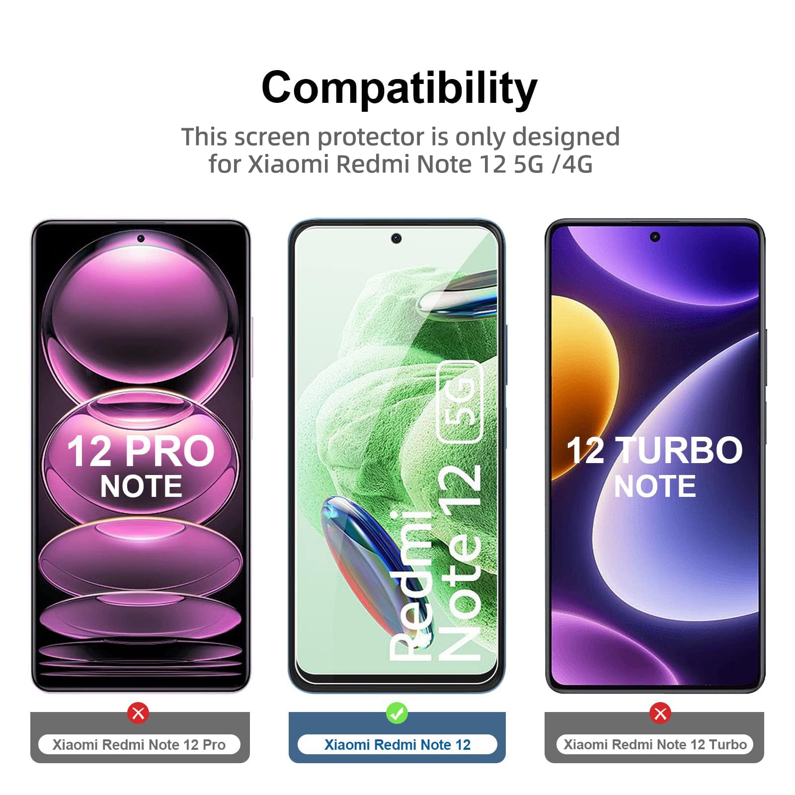 NEW'C 3 sztuki Szkło dla Xiaomi Redmi Note 12 5G /4G Hartowane i Folia Ochronna Ochraniacz Ekranu - Bez pęcherzyków powietrza, odporność na zarysowania