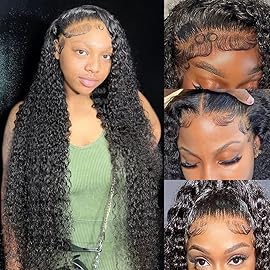 JTMMP 28 Inch 13x6 Deep Wave Lace Front Wigs Human Hair HD Full Lace Frontal Wigs Pre Plucked Bleached Knots 200% Density Deep Curly Human Hair Wig Natural Color