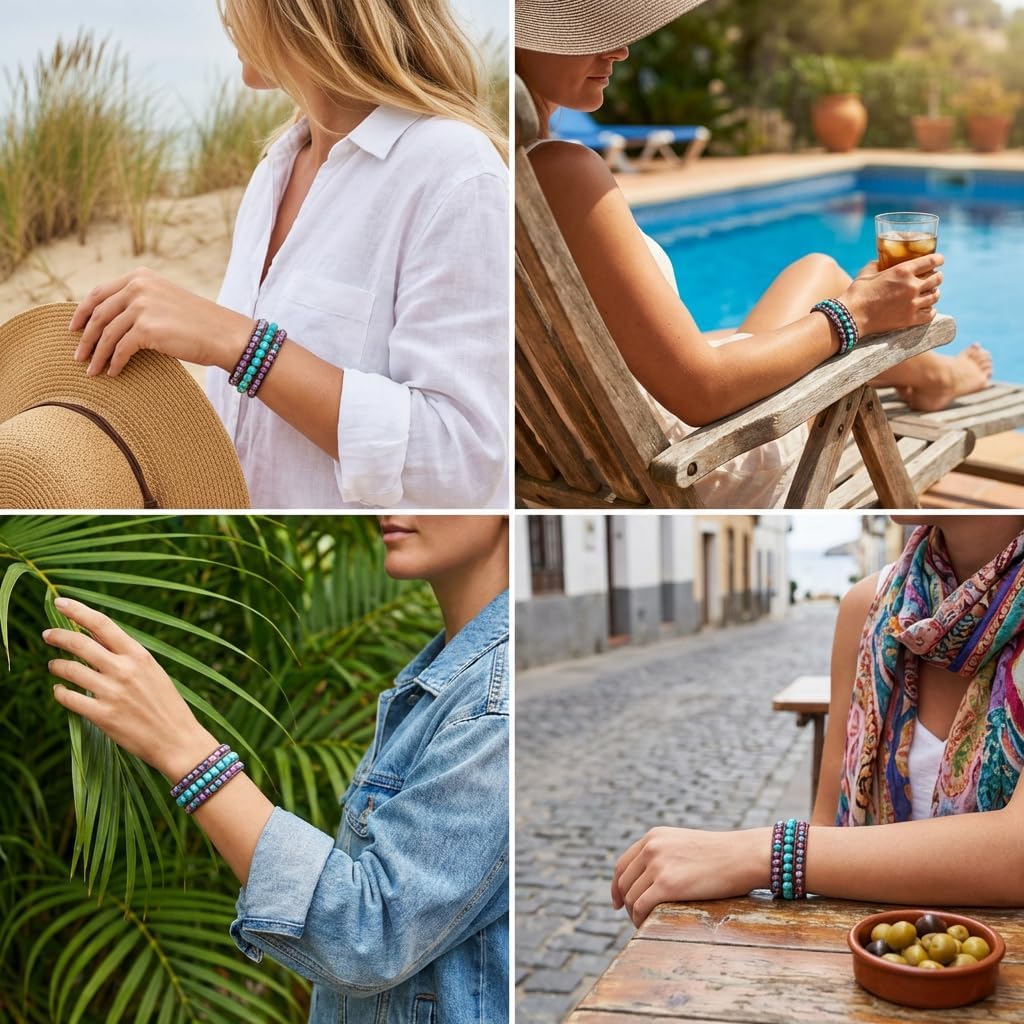 YGLINE Boho Handmade Natural Stone Bead 3 Row Wide Wrap Wrist Statment Bracelet Jewelry Collection