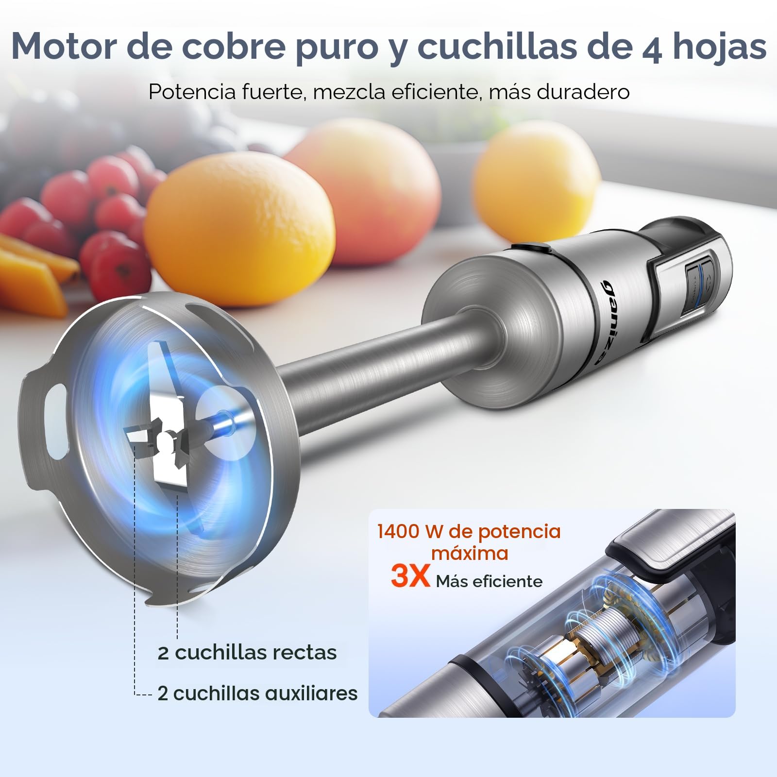 Ganiza Batidora de mano eléctrica 10 en 1, potente batidora de 1200 W con control de velocidad y botón TURBO, Multifunción picadora con doble espumador de leche, para preparar salsas y batidos