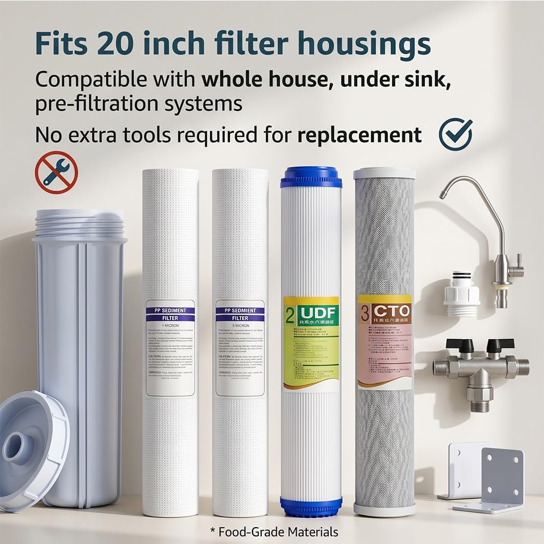 1 kit remplacement de filtre à eau domestique à 3 étapes 20in, composé sédiments PP 1 μm + PP 5 μm + UDF + charbon actif CTO, débit élevé usage résidentiel et commercial
