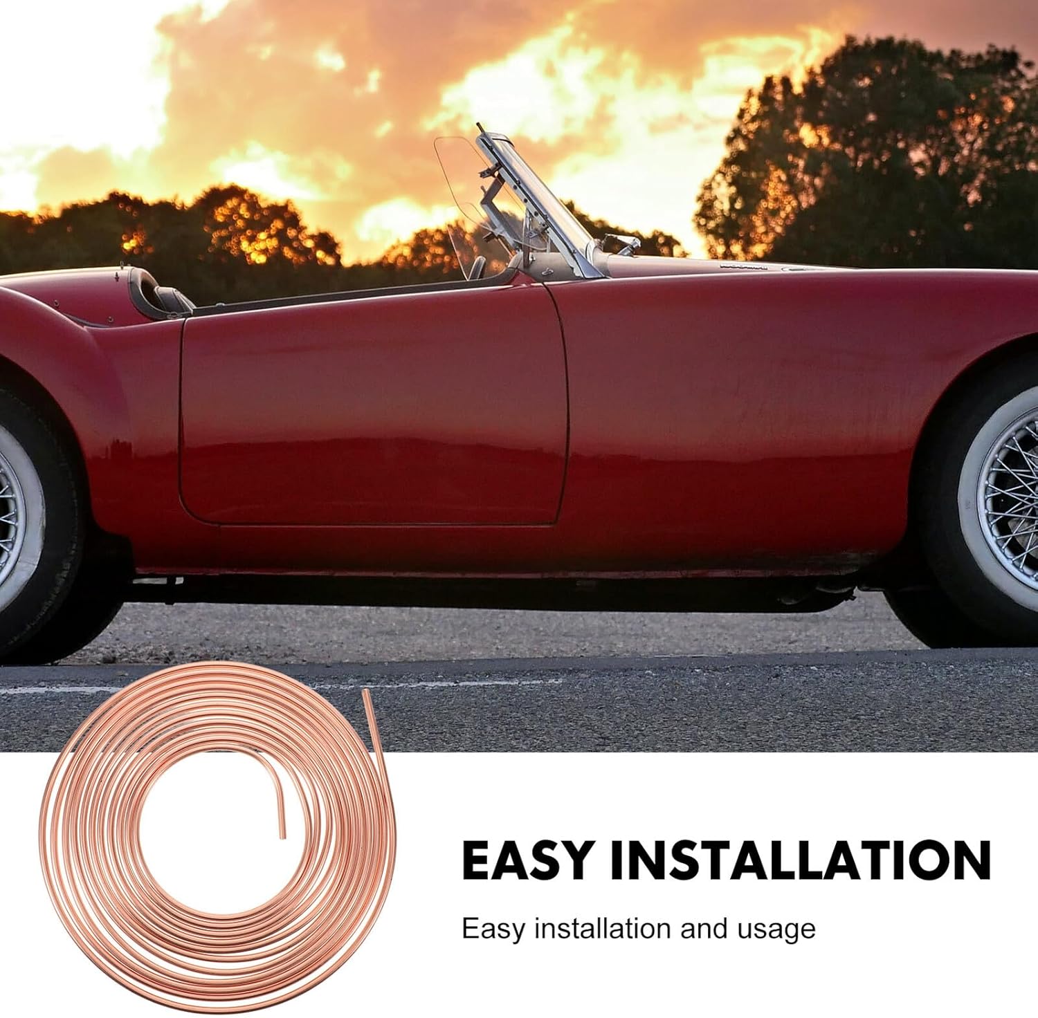 Copper Brake Line Tubing Coil 1/4" X 7.62m with 15 Fittings Automotive Replacement Rear Brake Line Kit Copper Coated Flexible Tubing