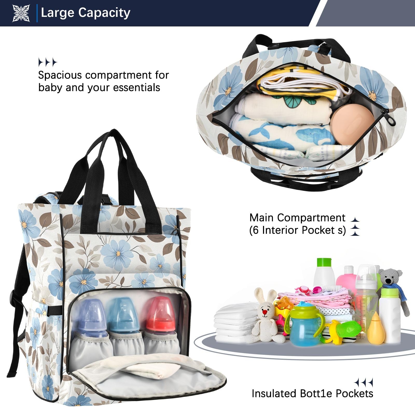 Mnsruu Blu Motivo Floreale Del Bambino Della Borsa Del Pannolino Del Bambino Zaino Grande Borsa Impermeabile Viaggio Borse Per Pannolini Per Mamm