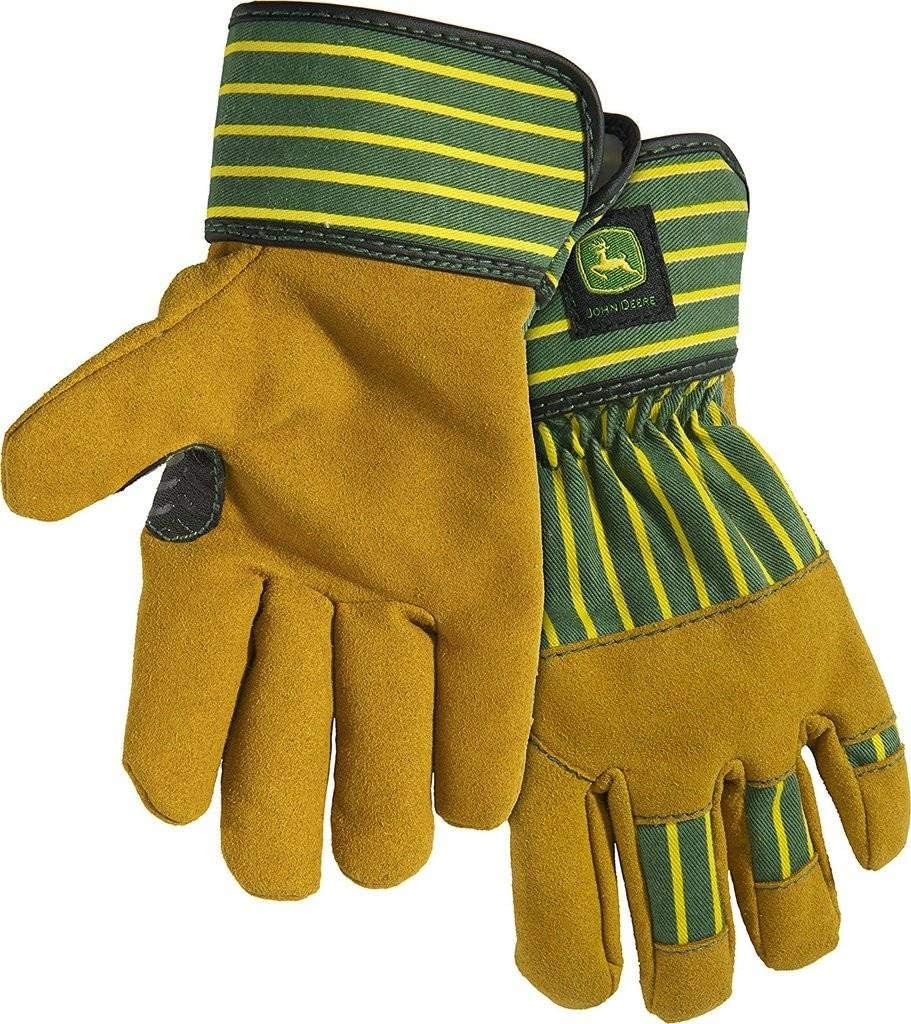 John Deere JD00024-Y Youth Split Cowhide Leather Palm Gloves, Abrasion Resistant, Yellow/Green, Youth-Small