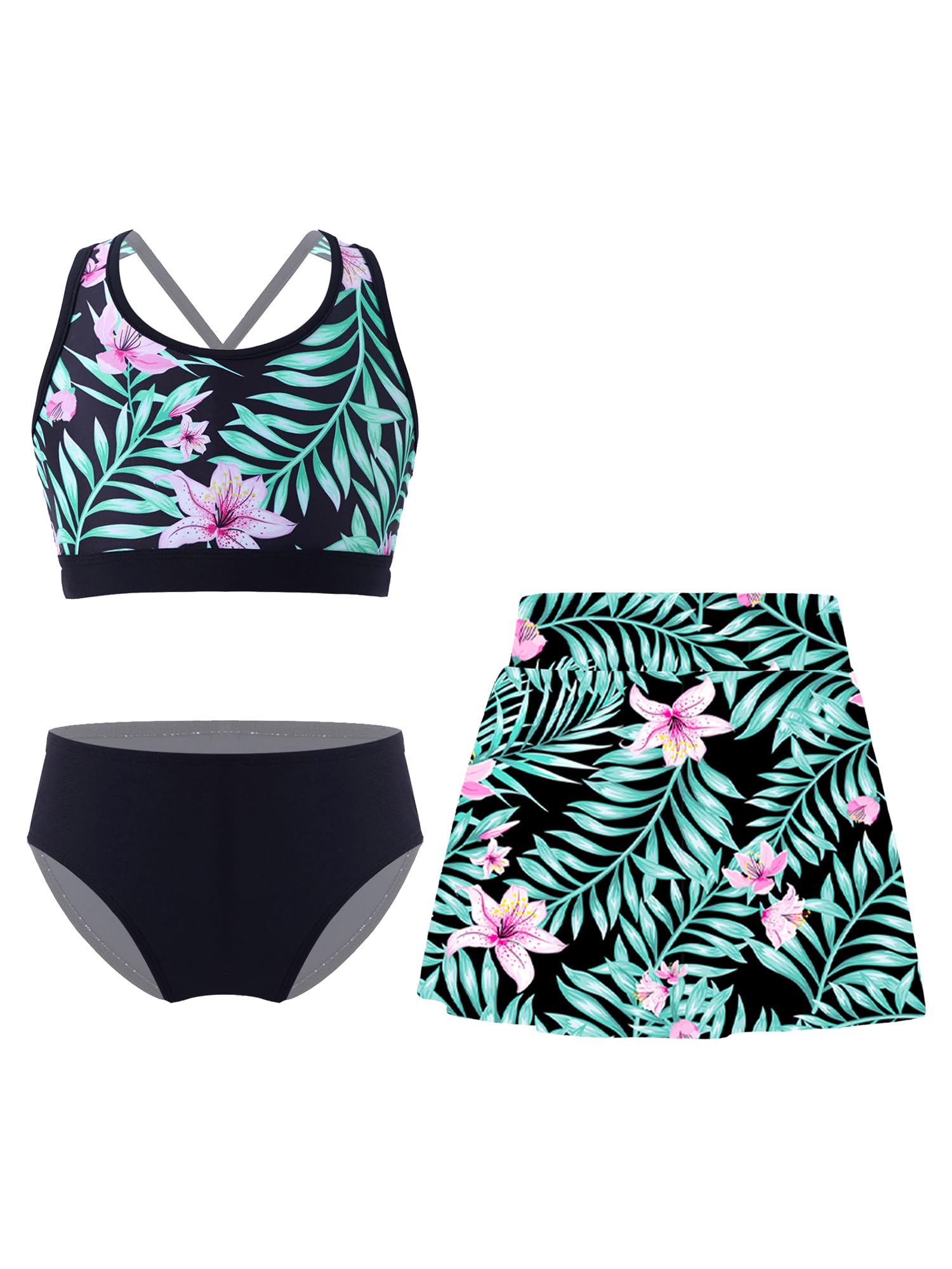 IEFIEL Traje de Baño de Tres Piezas para Niñas Crop Top y Braga Bikini de Natación Bañador con Falda Ropa de Playa Piscina Surf 5-16 Años