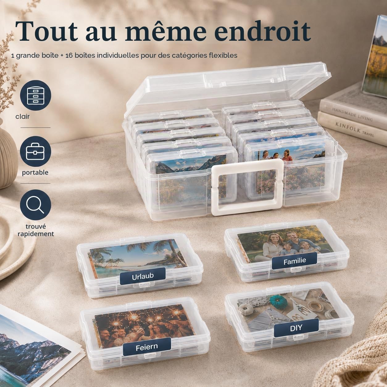 ALINK Boîte de rangement pour photos - 10 x 15 cm - 16 supports photo intérieurs - Boîtes de rangement transparentes en plastique - Pour semences, cartes, artisanat, autocollants transparents