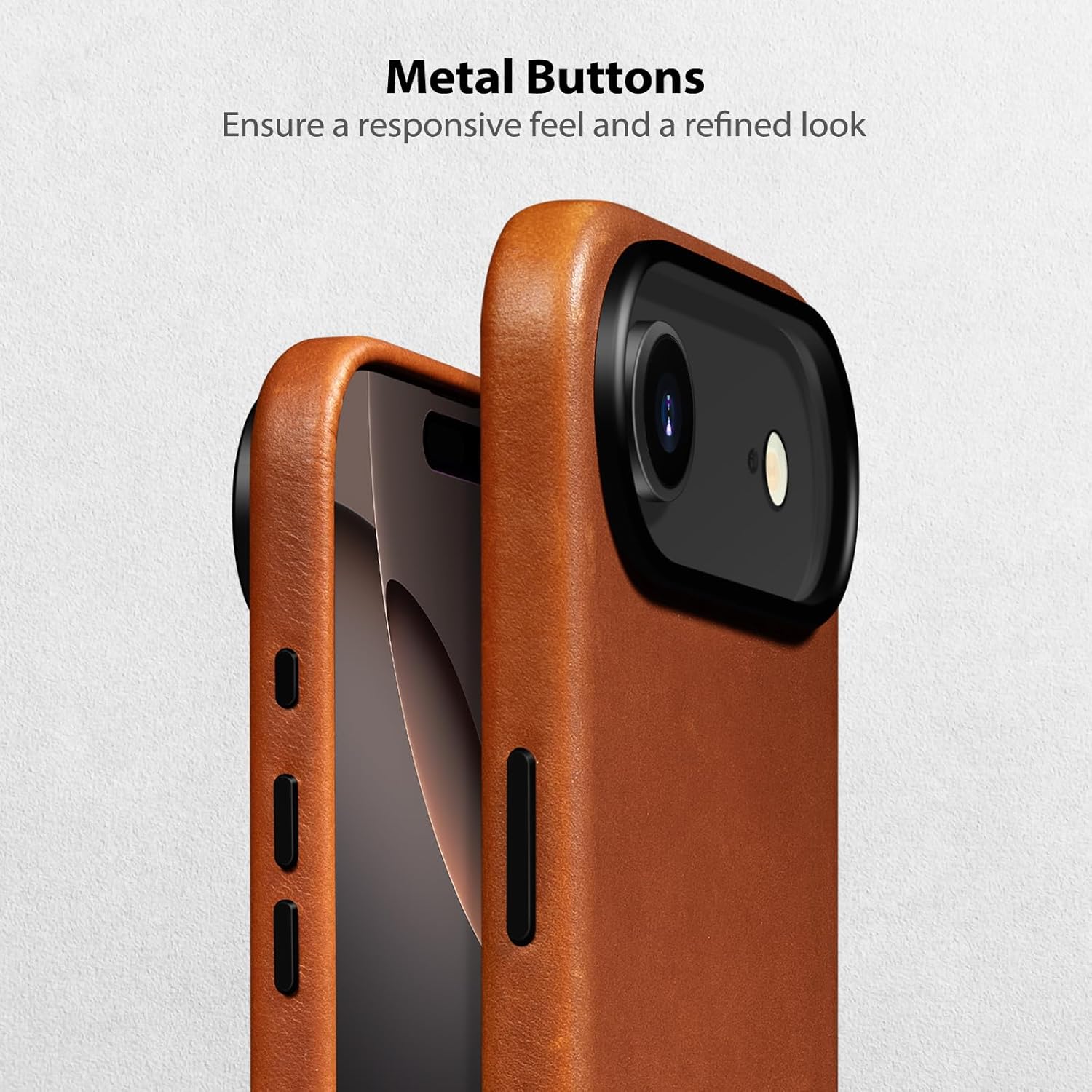 Belemay Handcrafted Full-Grain Vegetable-Tanned Leather Case for iPhone 17 Air, Compatible with MagSafe, Two-Tone Effect, Natural Patina, Camera Control Button, Metal Buttons (6.5"), Saddle Brown - Image 4