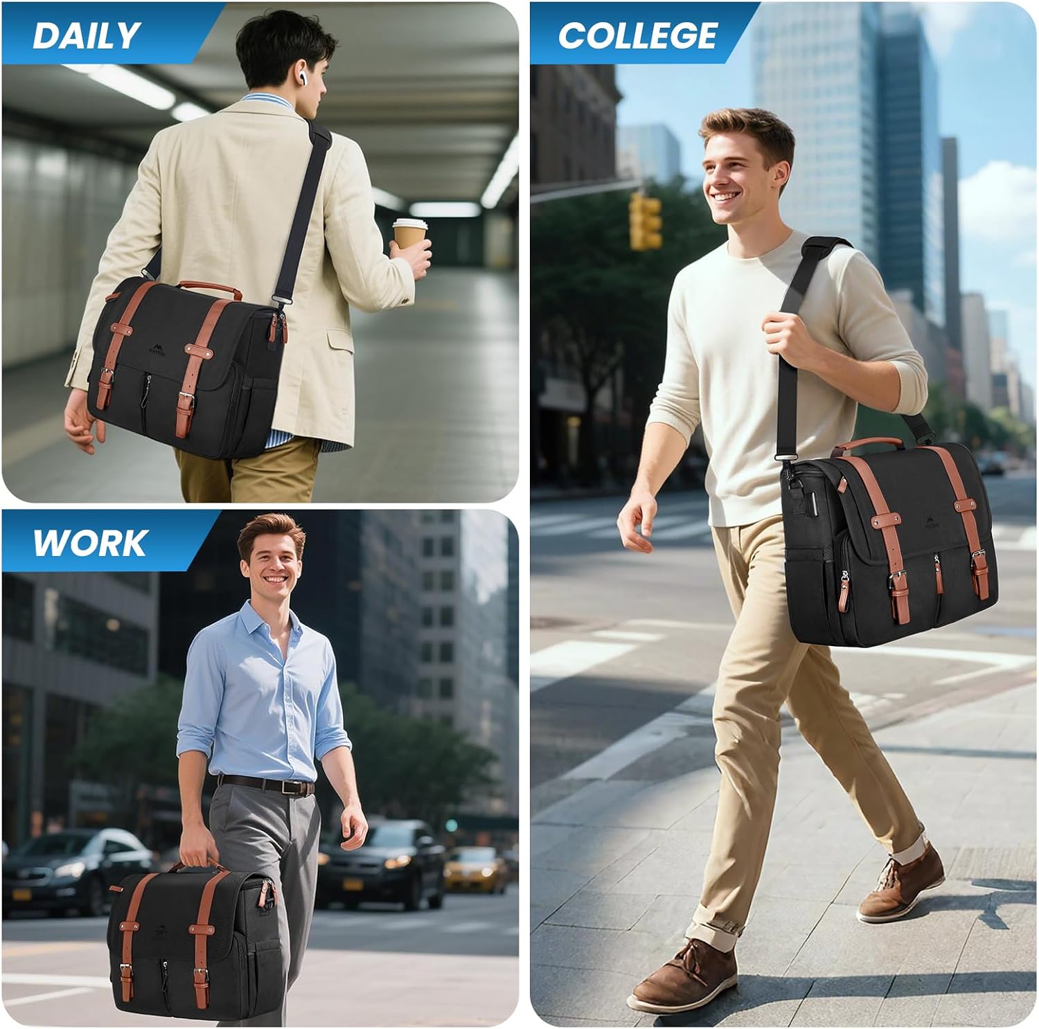 MATEIN Messenger Bag with USB Charging Port, 15.6 inch Laptop Bags Large Mens Briefcase with Shoulder Strap, Water Resistant Crossbody Satchel Work Computer Case for College Office Commuting, Black