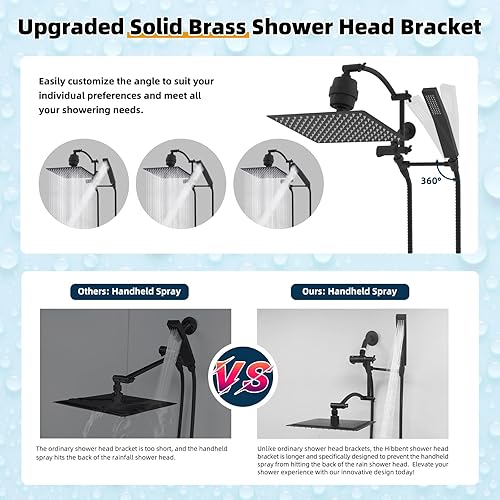 Miniatura 2 de Hibbent Alcachofa de ducha de metal filtrada de 12 pulgadas con combo de mano, varita de ducha de alta presión, brazo de extensión ajustable de 16